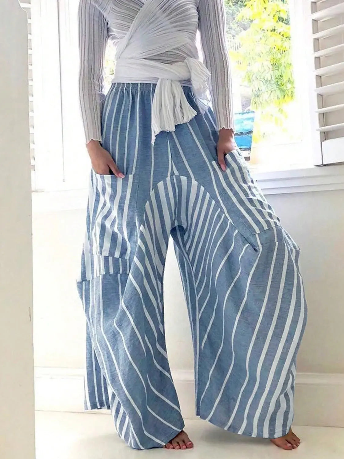 Striped Elastic Waist Wide Leg Pants Trendsi