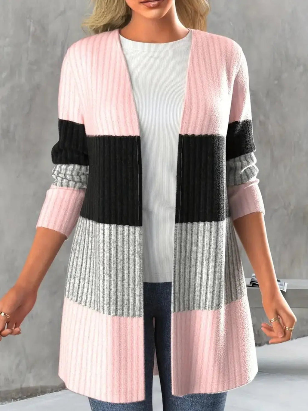 Color Block Open Front Long Sleeve Cardigan - GlossiChic CollectionBlazer & Cardigan