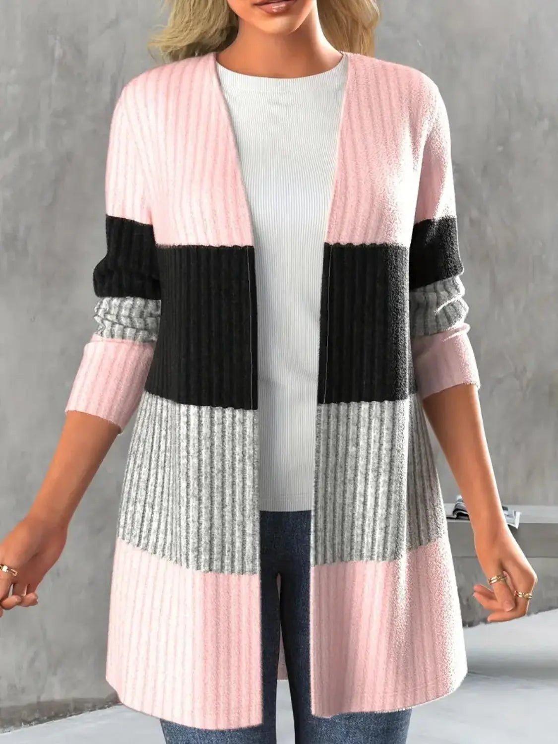 Color Block Open Front Long Sleeve Cardigan - GlossiChic CollectionBlazer & Cardigan