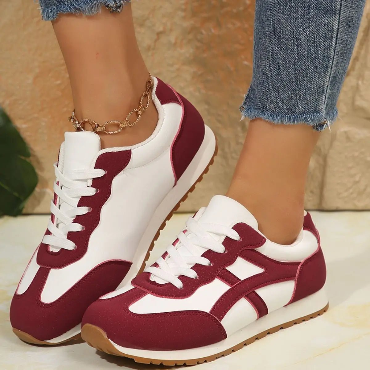 Contrast Lace Up Round Toe Sneakers - GlossiChic CollectionShoes