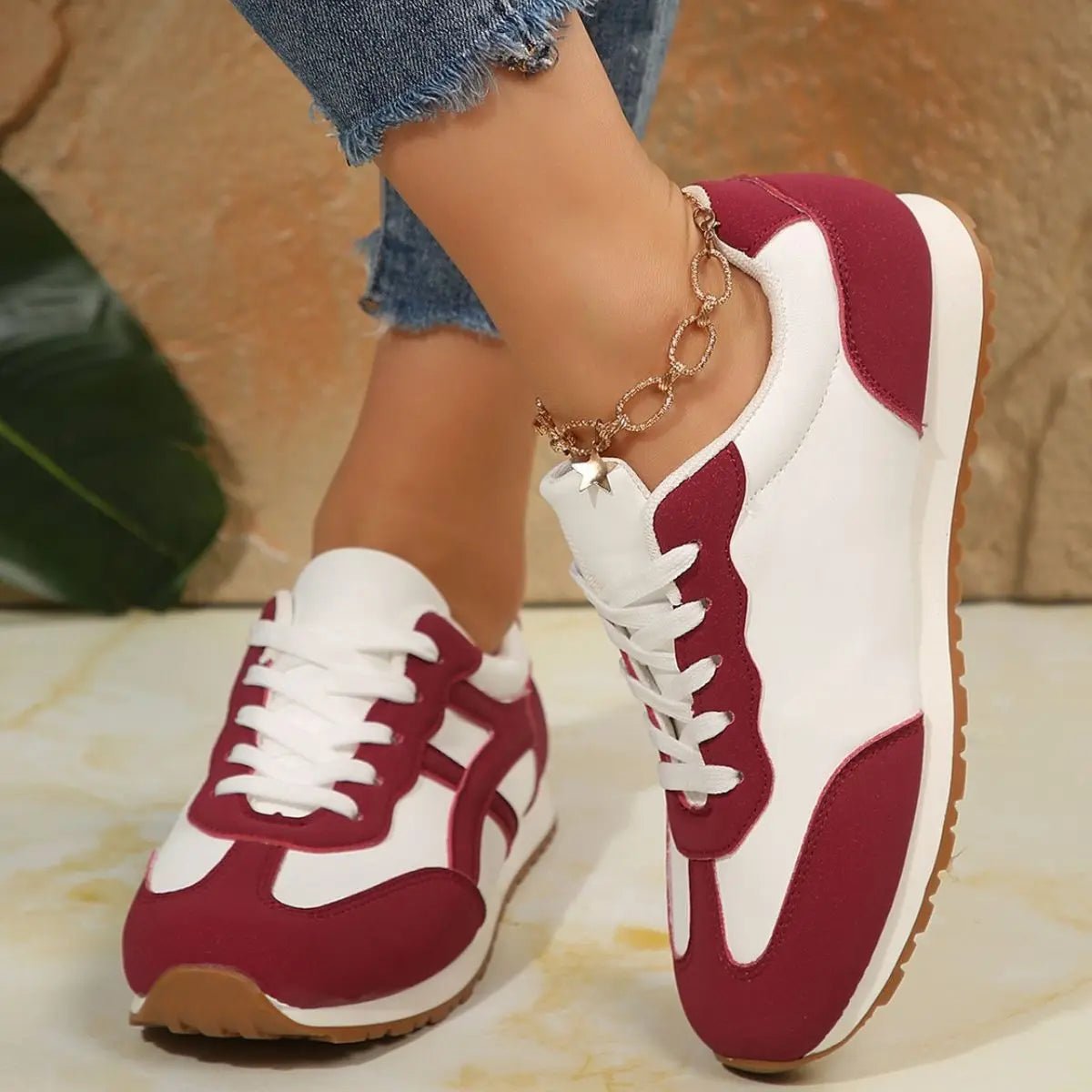 Contrast Lace Up Round Toe Sneakers - GlossiChic Collection Burgundy / 35(US4) GlossiChic Collection Shoes