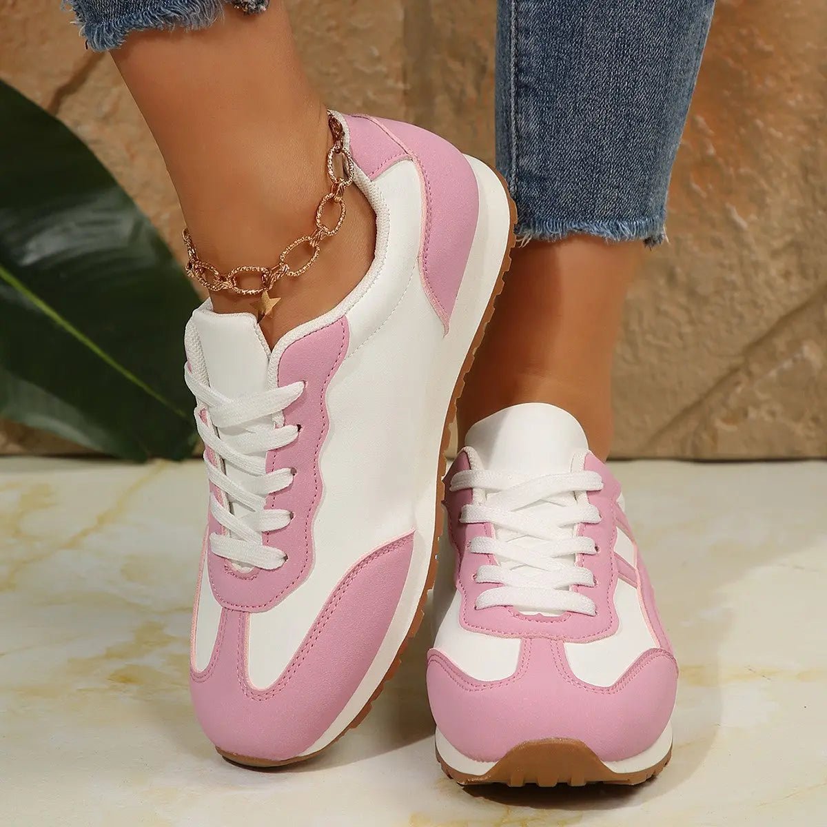 Contrast Lace Up Round Toe Sneakers - GlossiChic Collection Pink / 35(US4) GlossiChic Collection Shoes