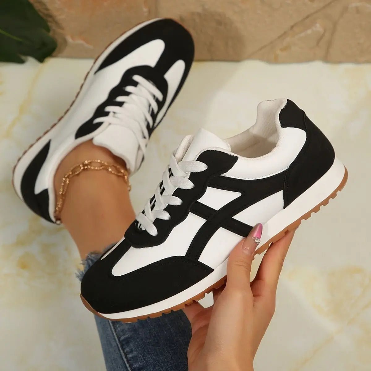 Contrast Lace Up Round Toe Sneakers - GlossiChic CollectionShoes