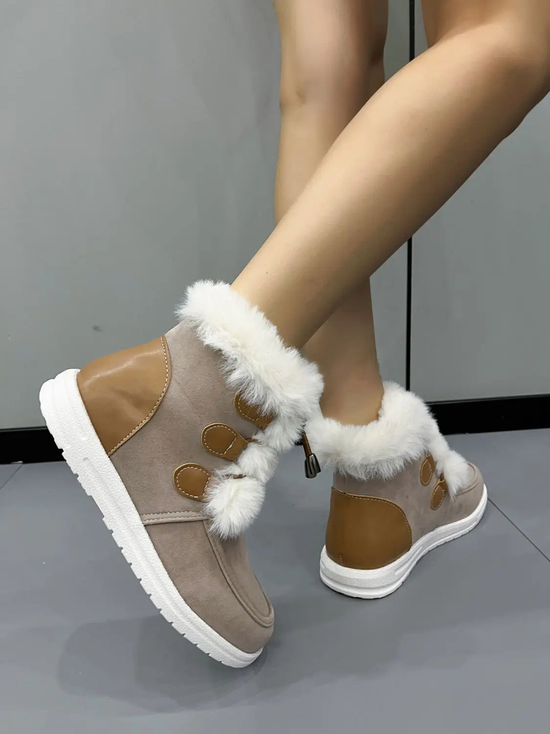 Plush Detail Suede Round Toe Boots Trendsi