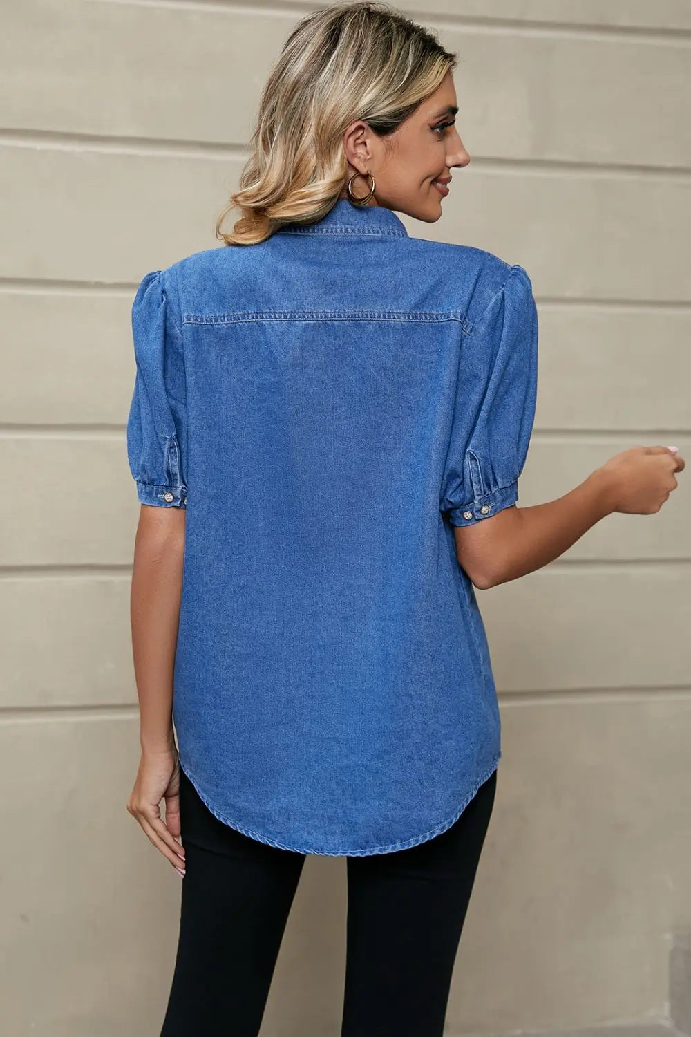 Puff Sleeve Collared Denim Top Trendsi