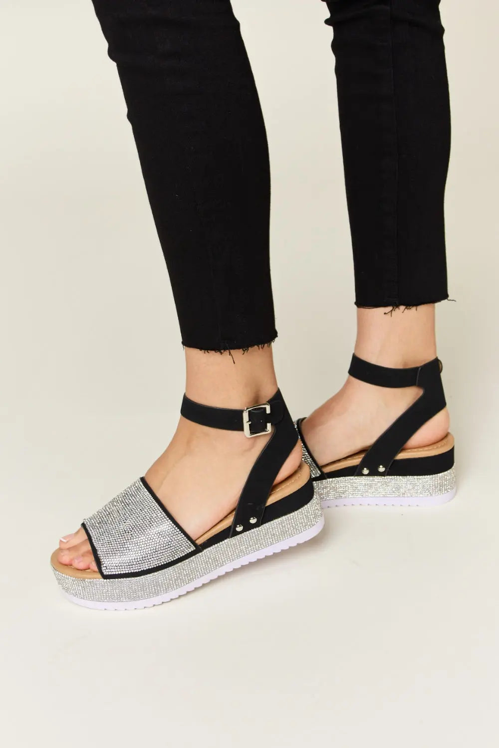 Rhinestone Buckle Strappy Wedge Sandals - GlossiChic Collection Black / 6 GlossiChic Collection Shoes & Accessories