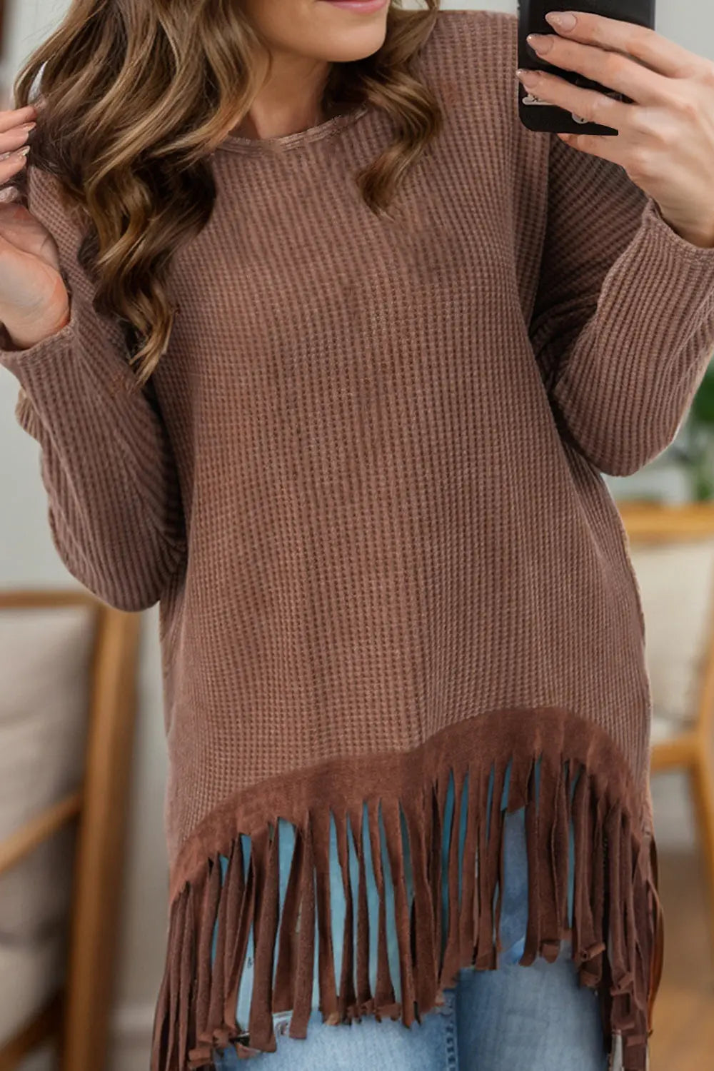 Fringe Round Neck Long Sleeve Top Trendsi