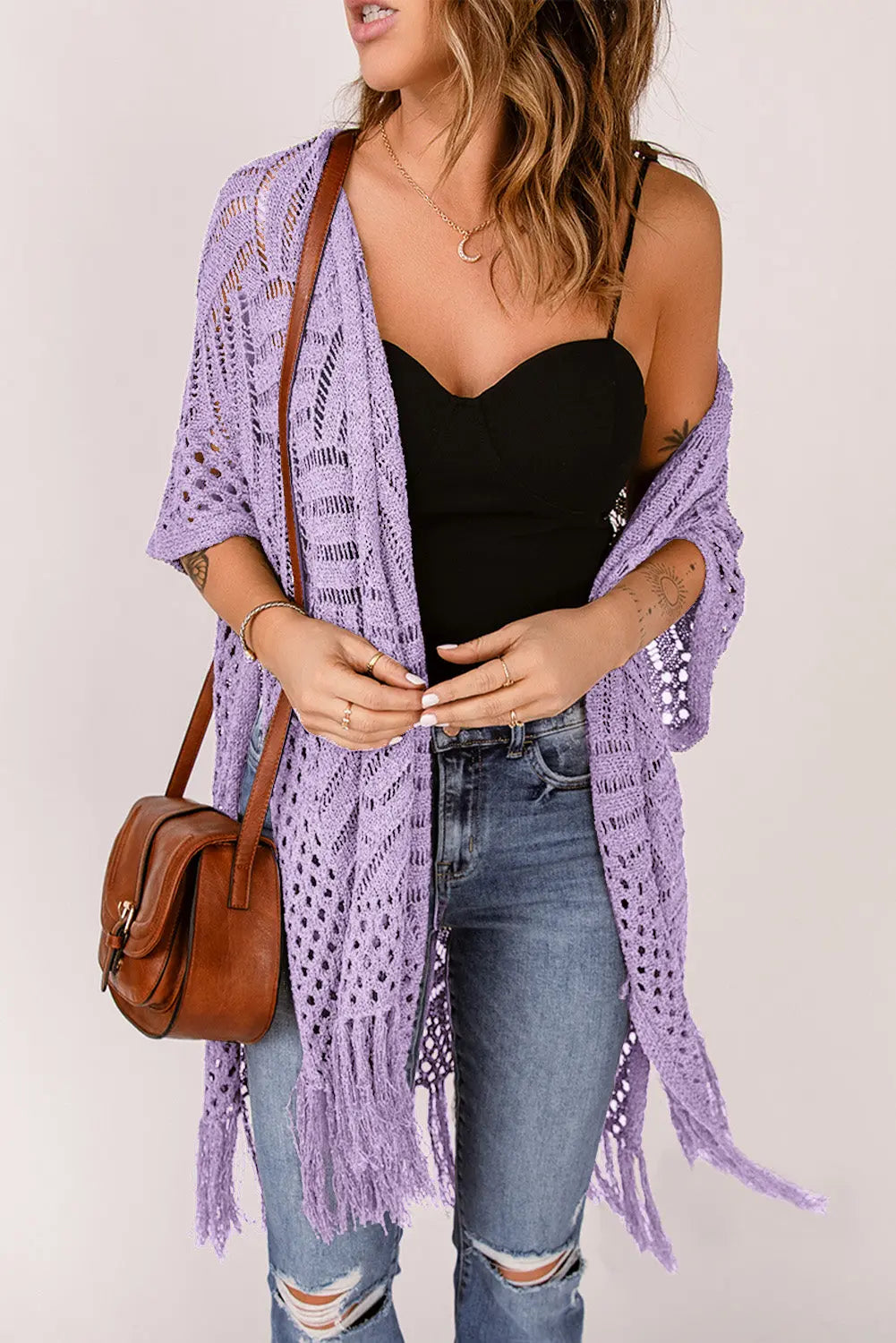 Openwork Open Front Cardigan with Fringes Trendsi