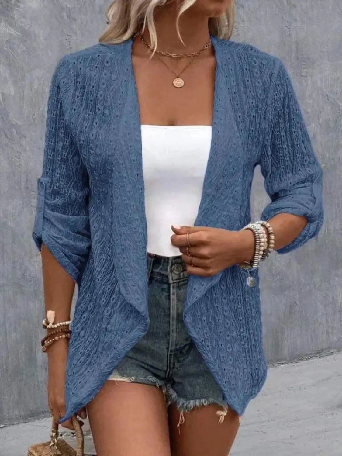 Eyelet Roll-Tab Sleeve Cardigan Trendsi