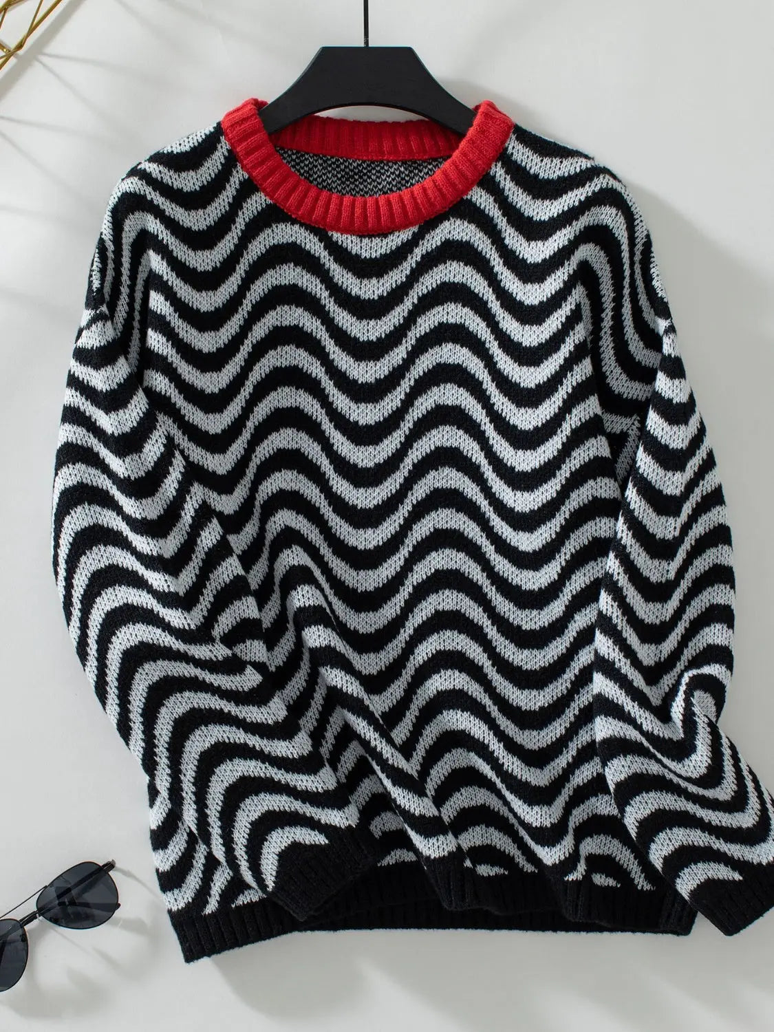 Wavy Stripes Round Neck Long Sleeve Sweater Trendsi