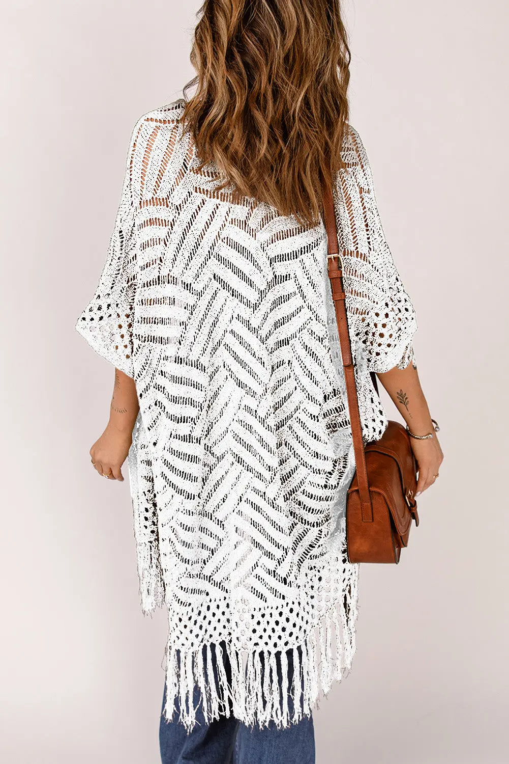 Openwork Open Front Cardigan with Fringes Trendsi