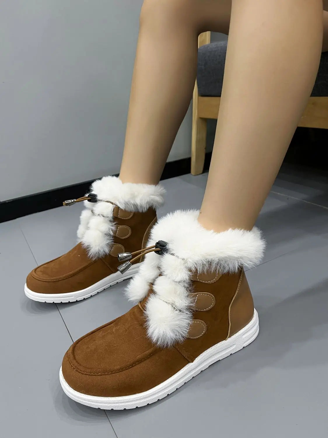 Plush Detail Suede Round Toe Boots Trendsi