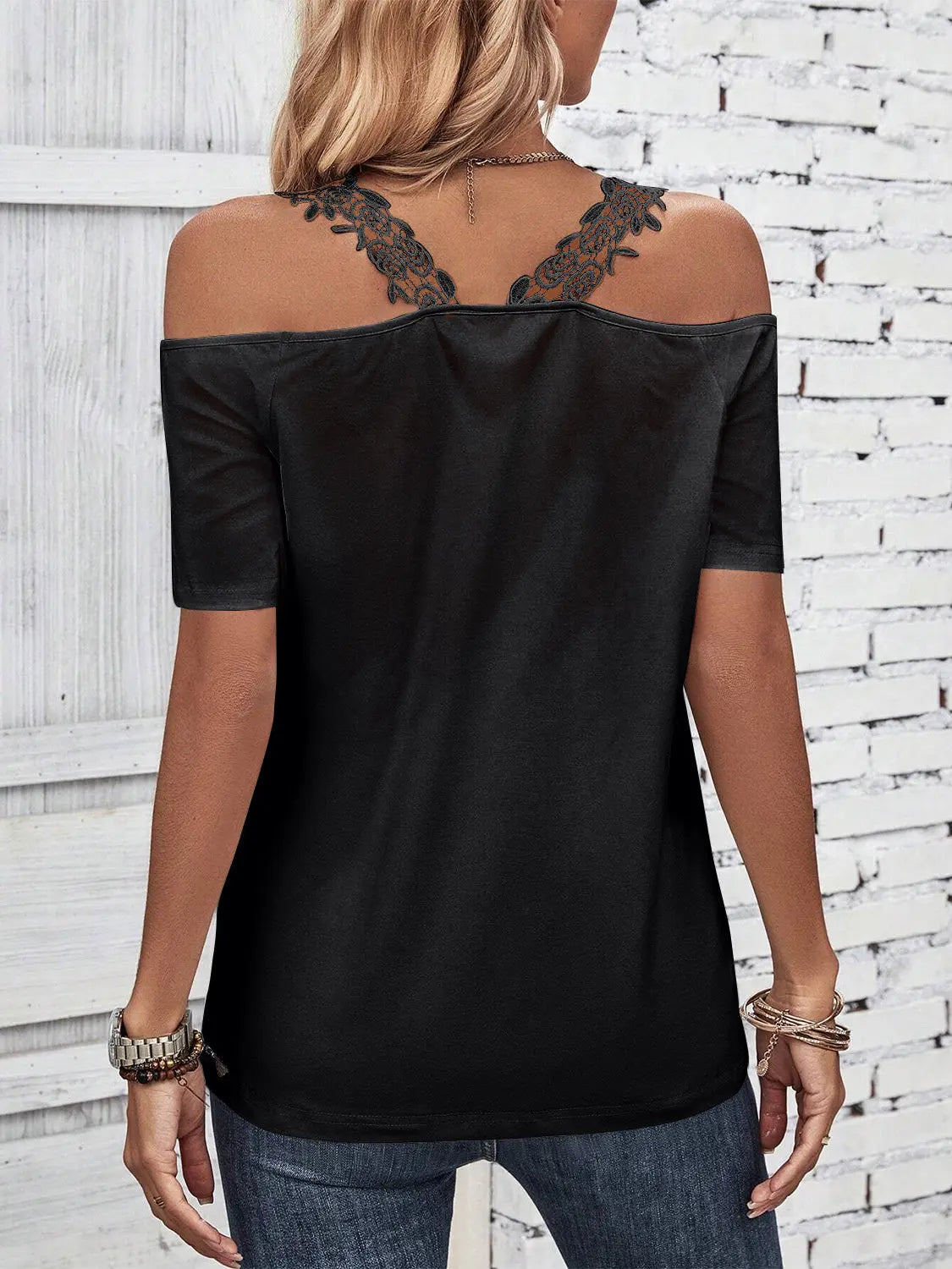 Full Size Lace Detail Short Sleeve T-Shirt Trendsi