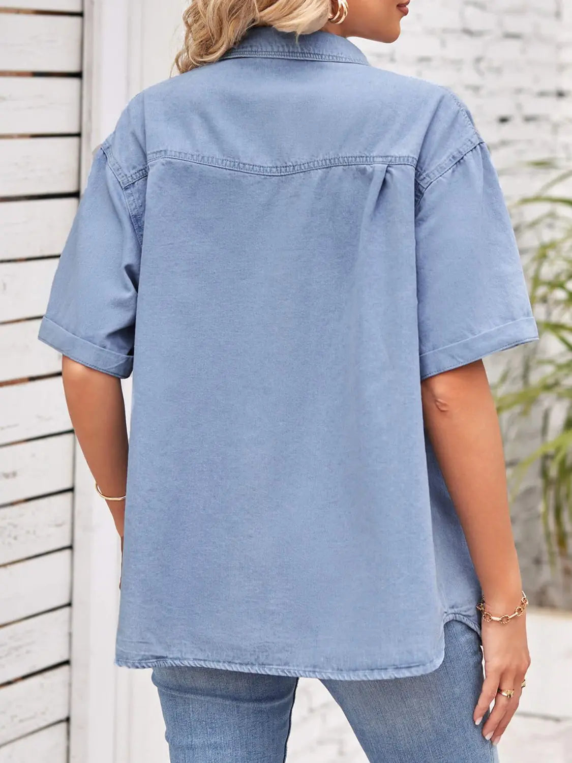 Collared Neck Short Sleeve Denim Jacket - GlossiChic Collection