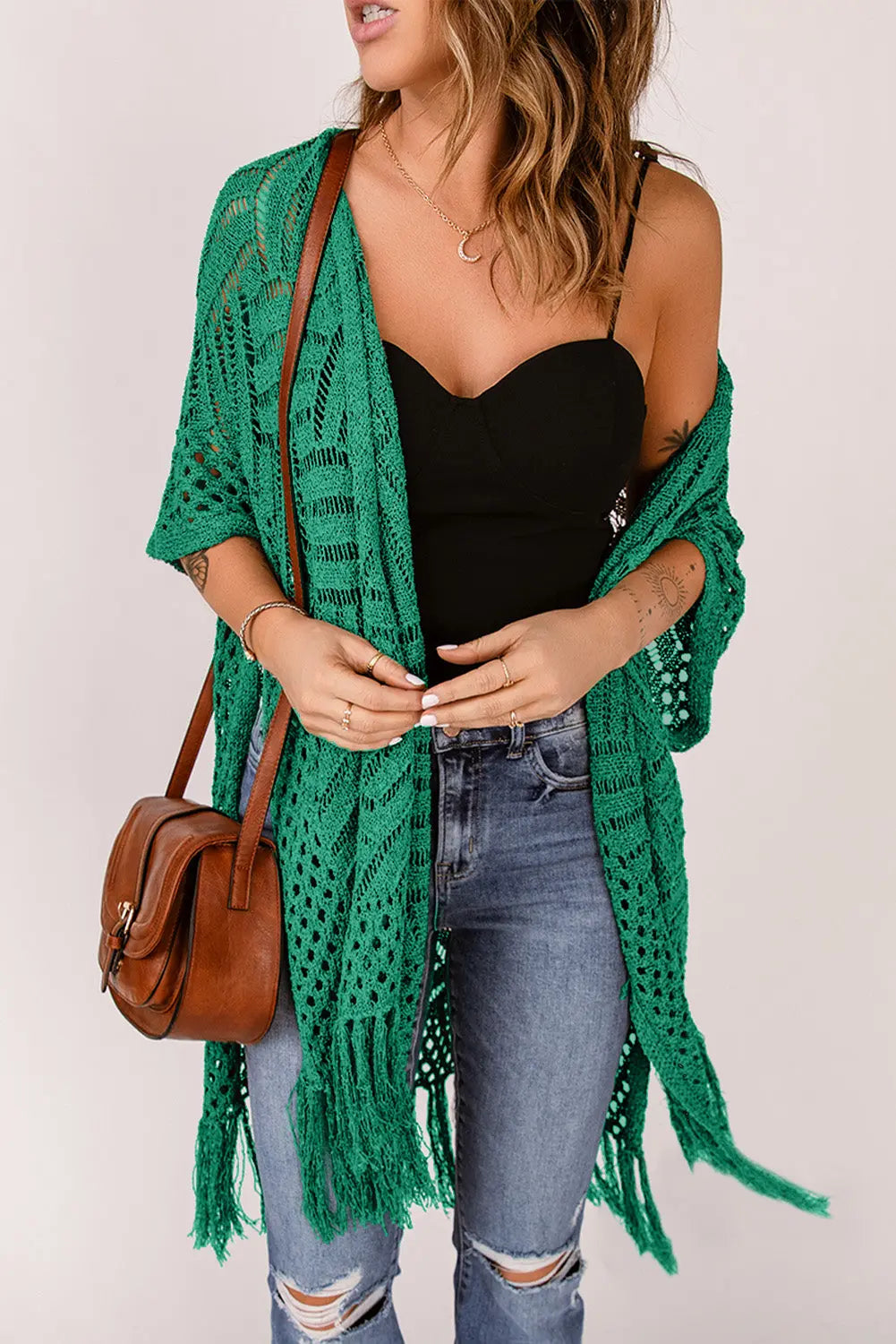 Openwork Open Front Cardigan with Fringes Trendsi