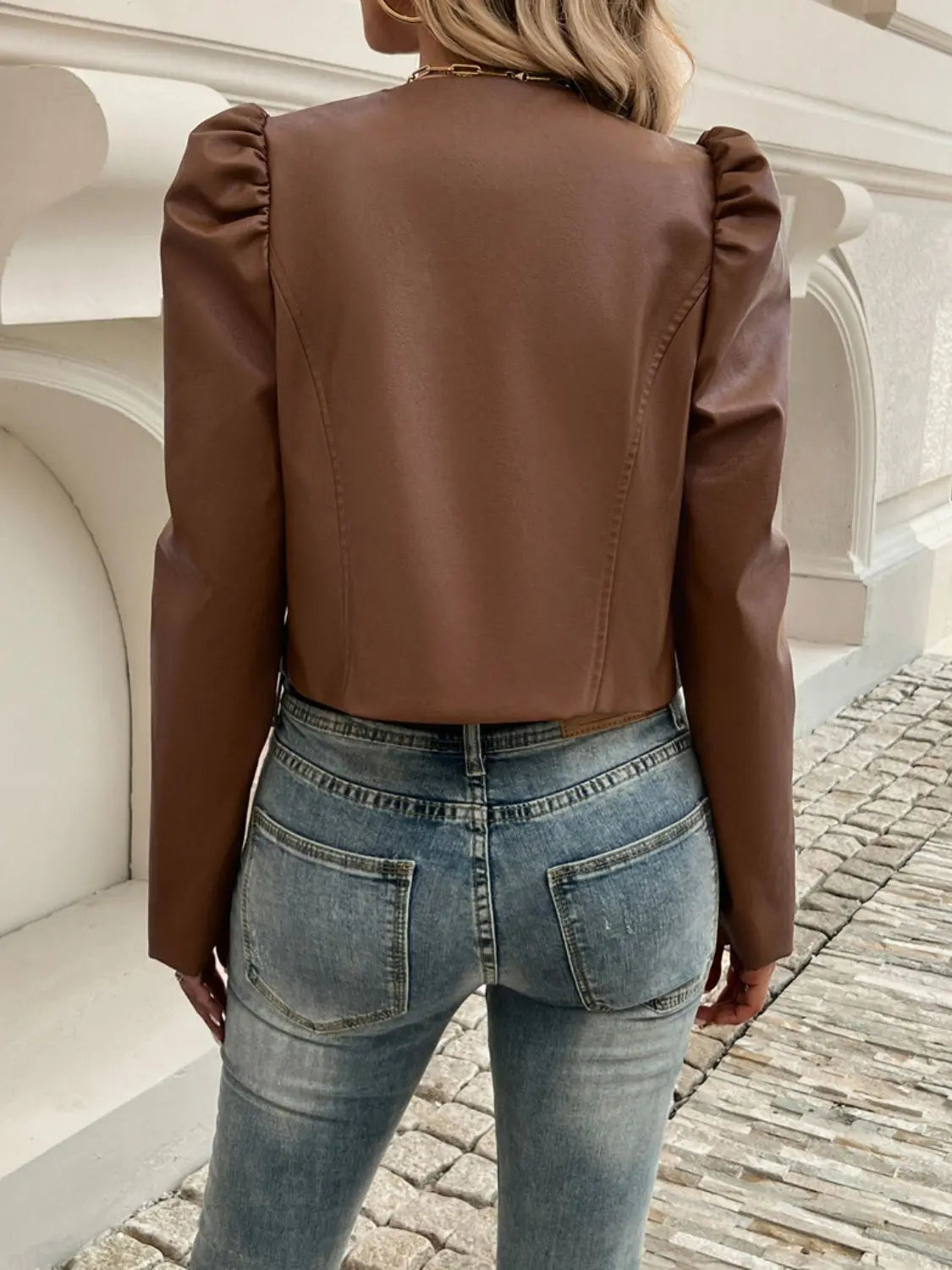 Devine Open Front Puff Sleeve Jacket Trendsi