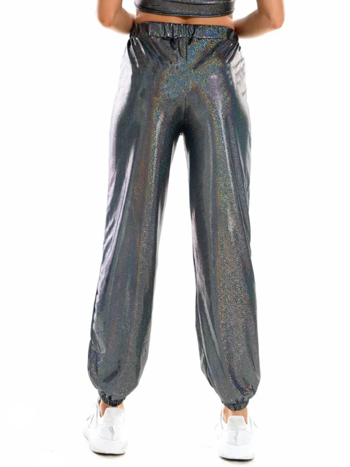 Glitter Elastic Waist Pants with Pockets Trendsi