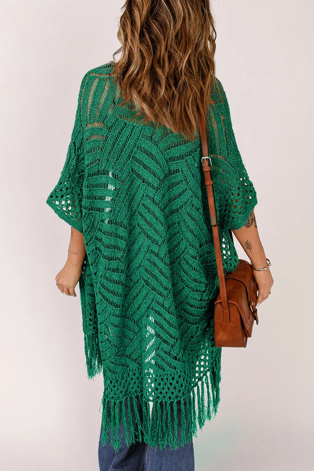 Openwork Open Front Cardigan with Fringes Trendsi