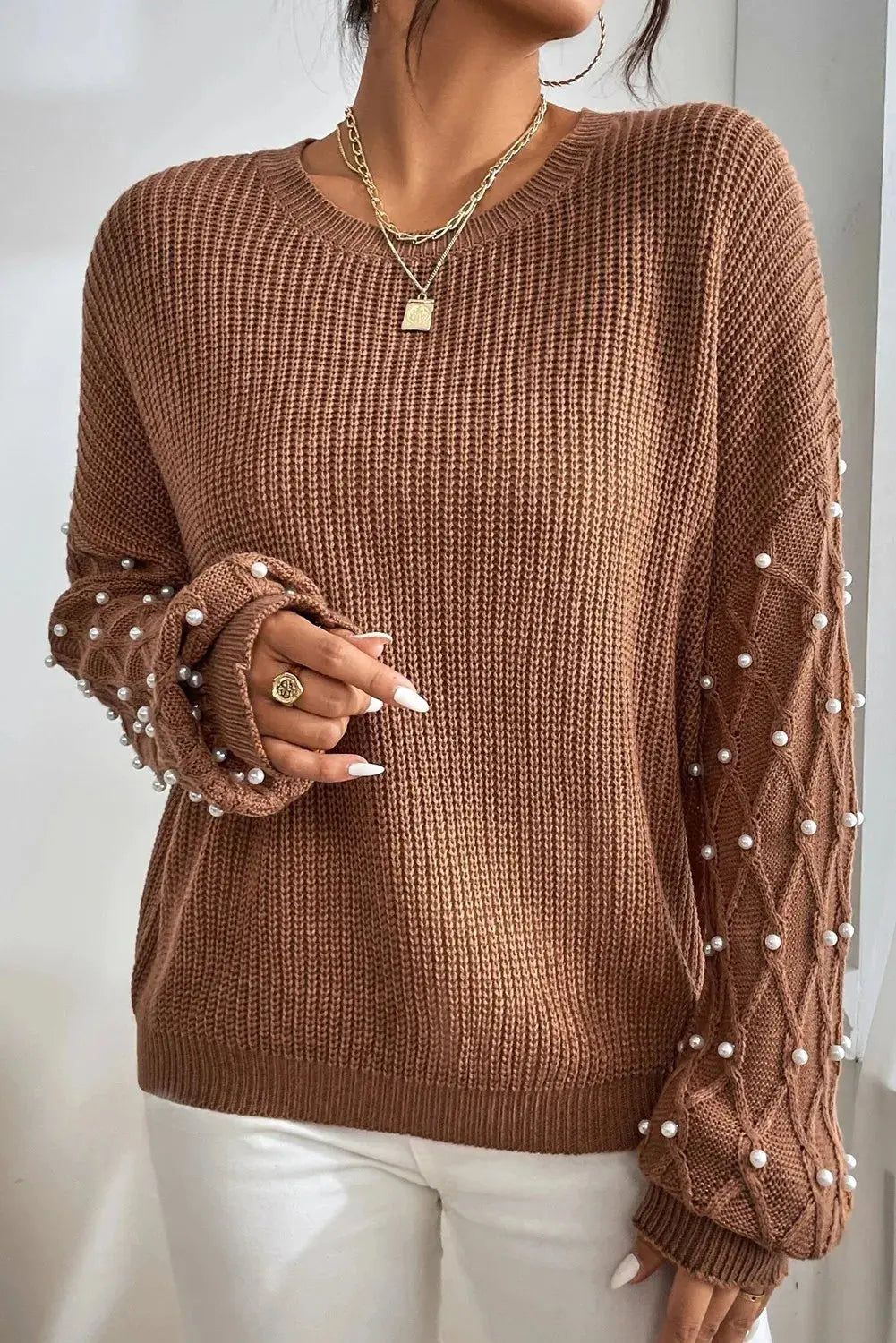 Pearl Detail Round Neck Long Sleeve Sweater Trendsi