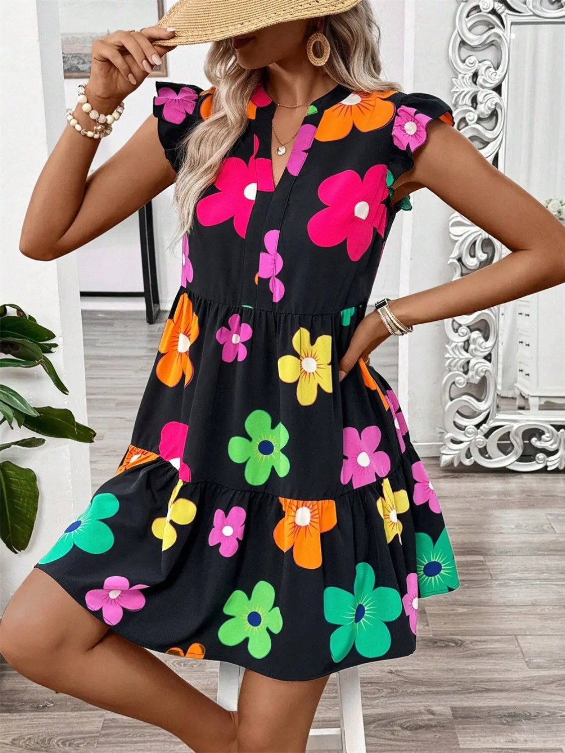 Ruffled Printed Notched Cap Sleeve Dress Trendsi