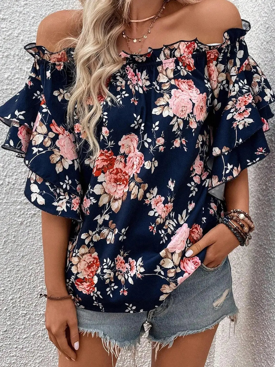 Printed Off-Shoulder Flounce Sleeve Blouse - GlossiChic Collection