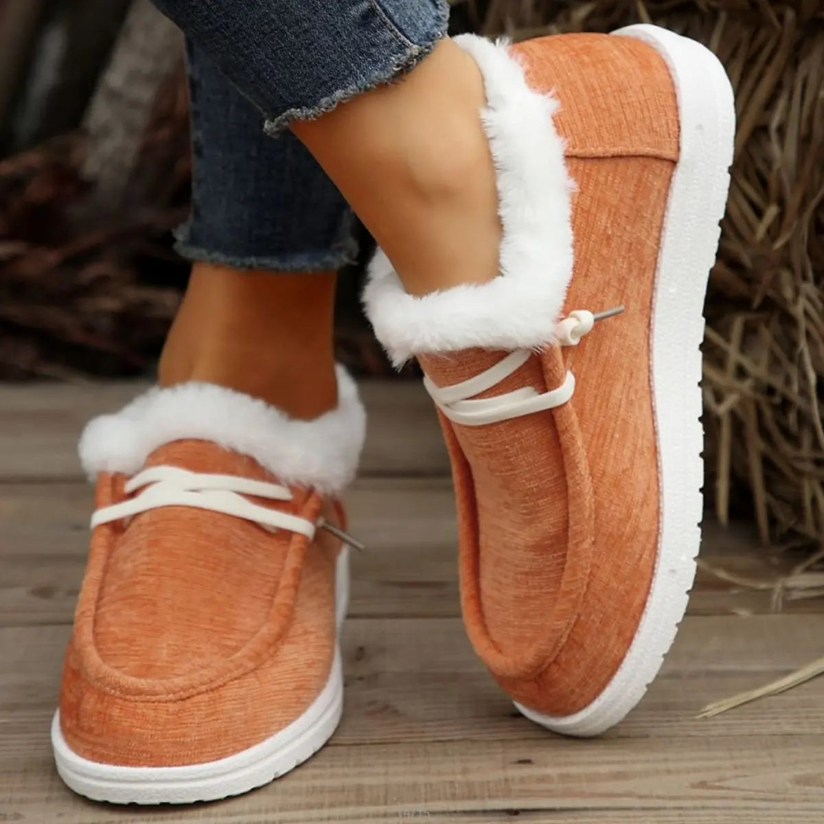 Lace Up Round Toe Furry Sneakers Trendsi