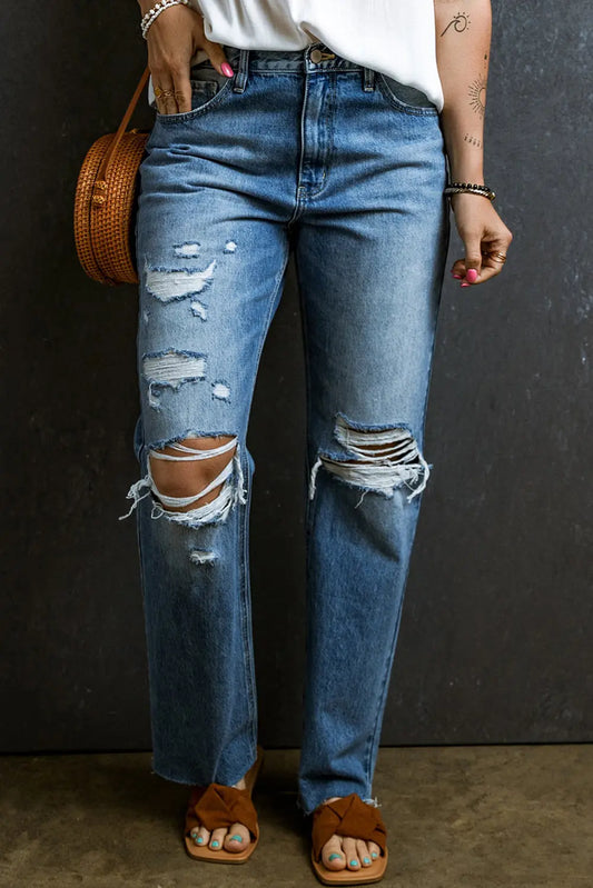 Distressed Raw Hem Jeans with Pockets - GlossiChic Collection