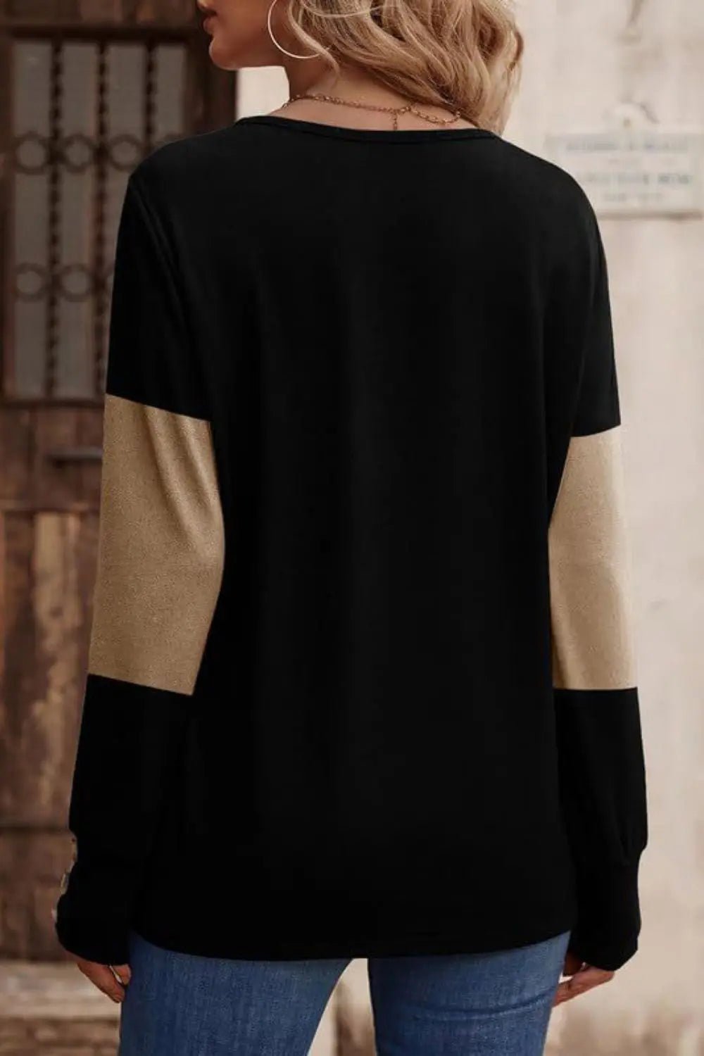 Decorative Button Contrast V - Neck Long Sleeve T-Shirt - GlossiChic CollectionShirts & Tops