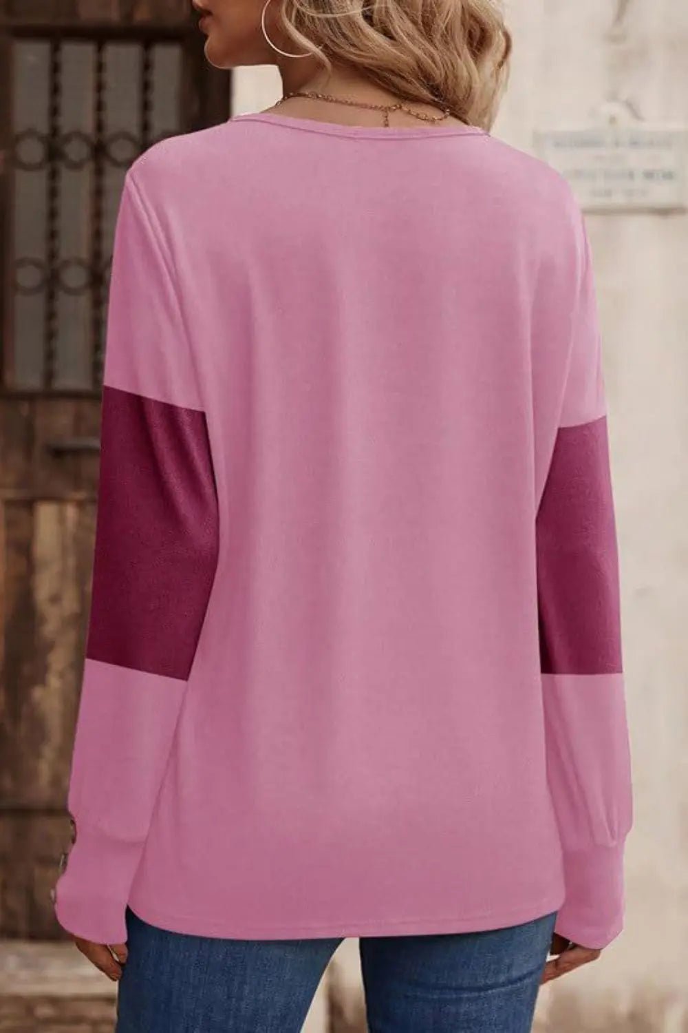 Decorative Button Contrast V - Neck Long Sleeve T-Shirt - GlossiChic CollectionShirts & Tops