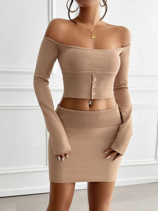 Decorative Button Off - Shoulder Top and Skirt Set - GlossiChic CollectionOutfit Sets