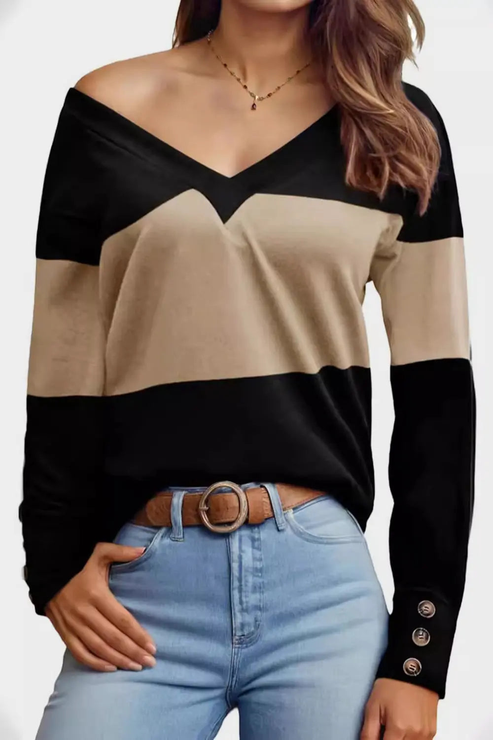 Decorative Button Contrast V-Neck Long Sleeve T-Shirt Trendsi