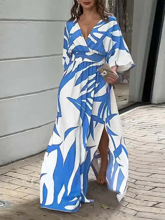 Slit Printed Surplice Maxi Dress Trendsi