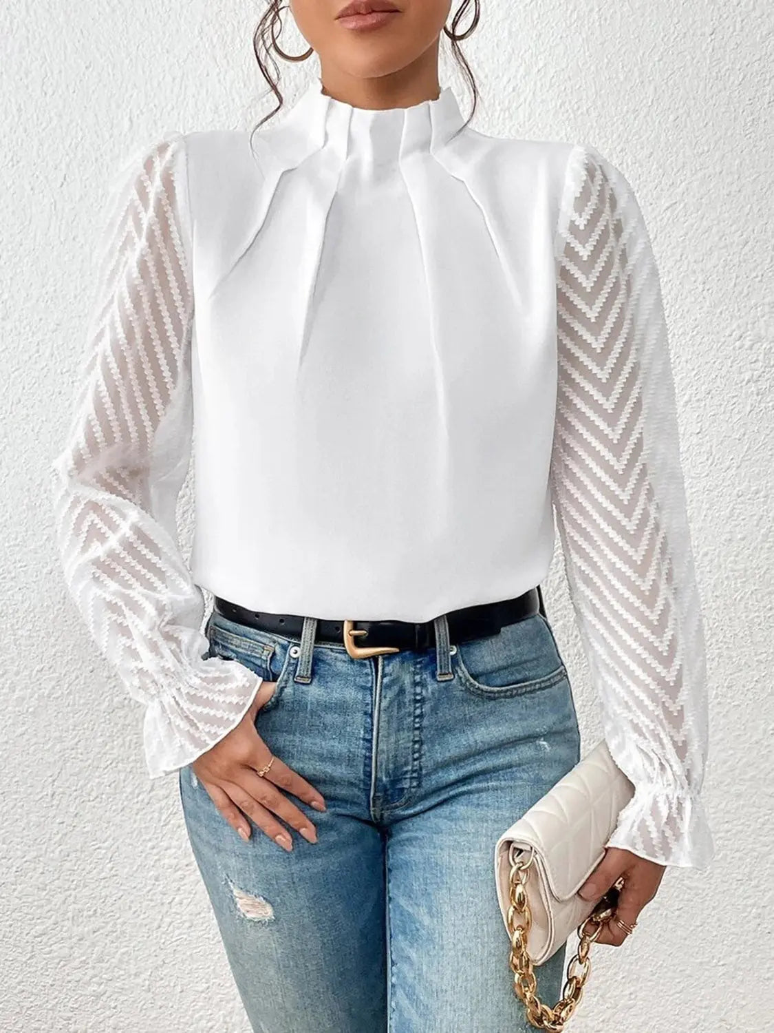 Mock Neck Flounce Sleeve Blouse Trendsi