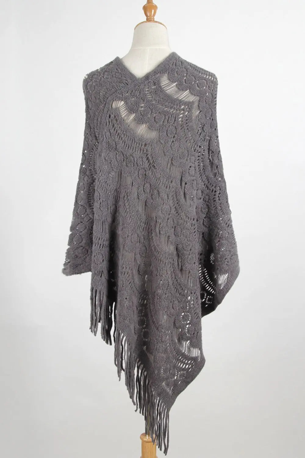 Fringe Openwork Surplice Cape Sleeve Poncho Trendsi