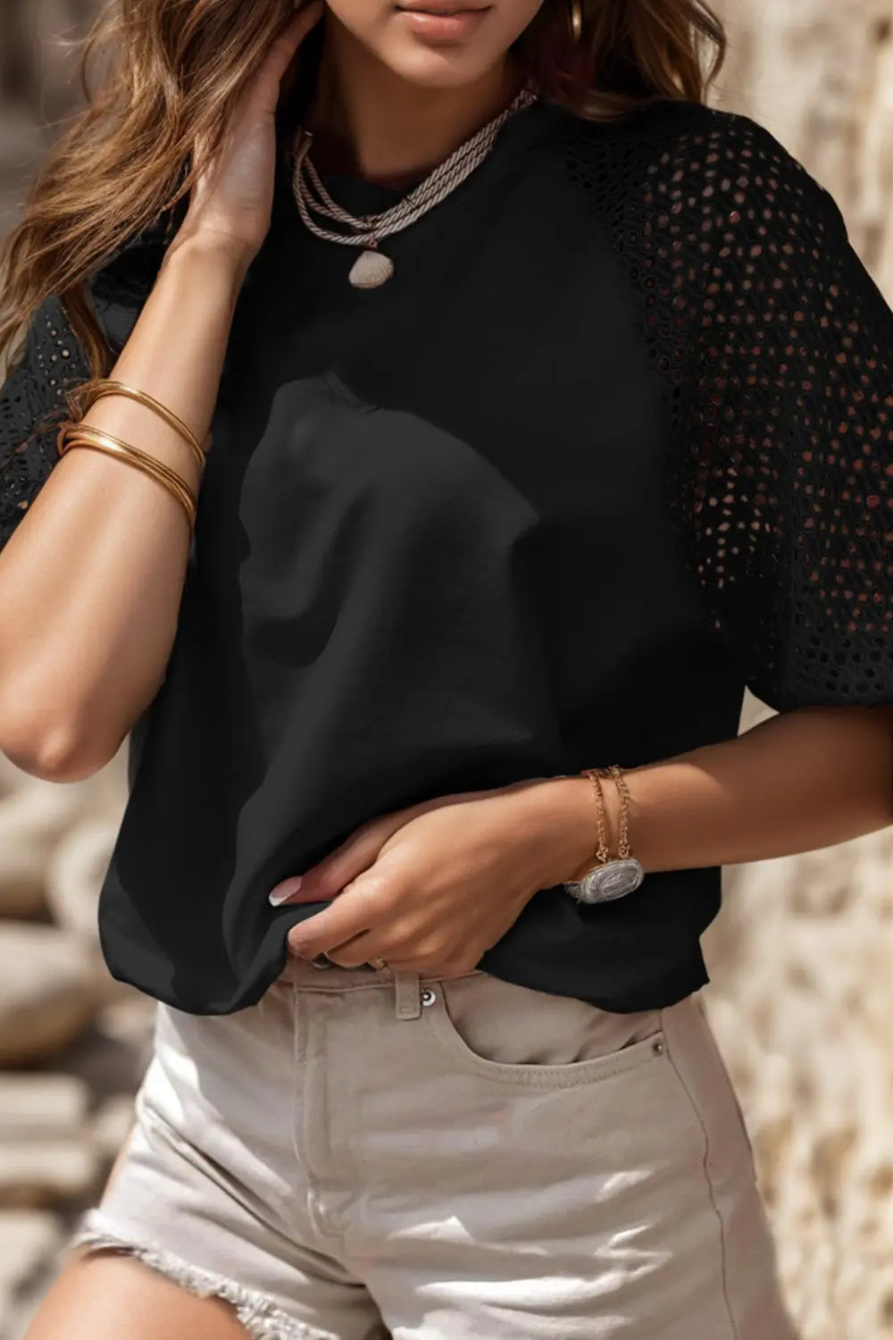 Eyelet Round Neck Half Sleeve Blouse Trendsi