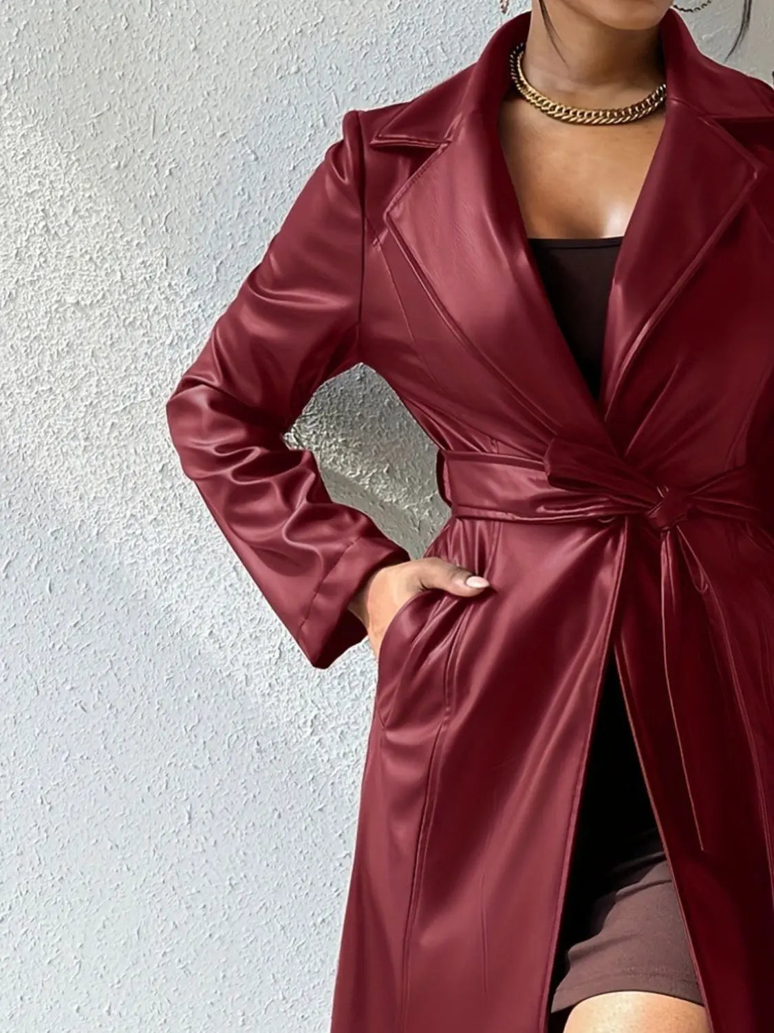 Tied PU Leather Long Sleeve Trench Coat GlossiChic Collection