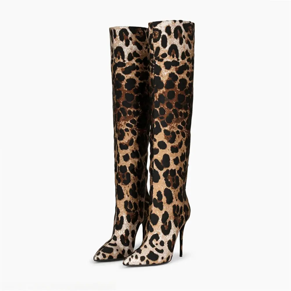 Fashion Pointed Stiletto Heel Leopard Print Boots - GlossiChic Collection