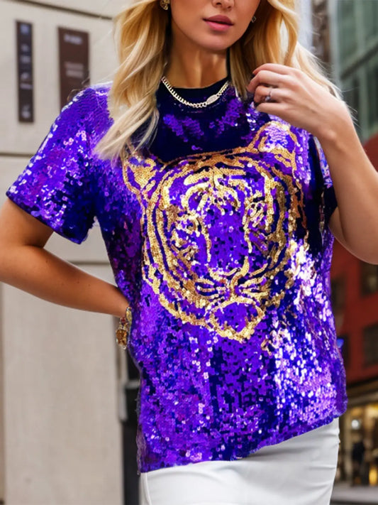 Tiger Sequin Round Neck Short Sleeve T-Shirt Trendsi