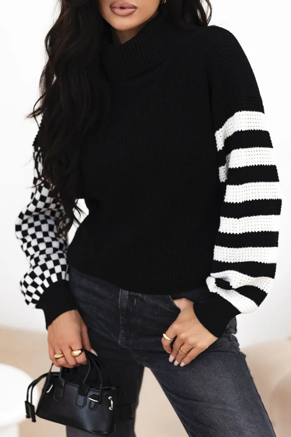 Striped & Checkered Turtleneck Dropped Shoulder Sweater GlossiChic Collection