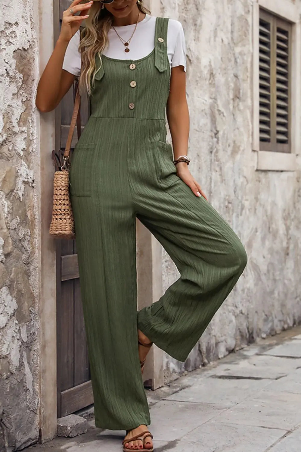 Textured Pocketed Wide Strap Overalls Trendsi