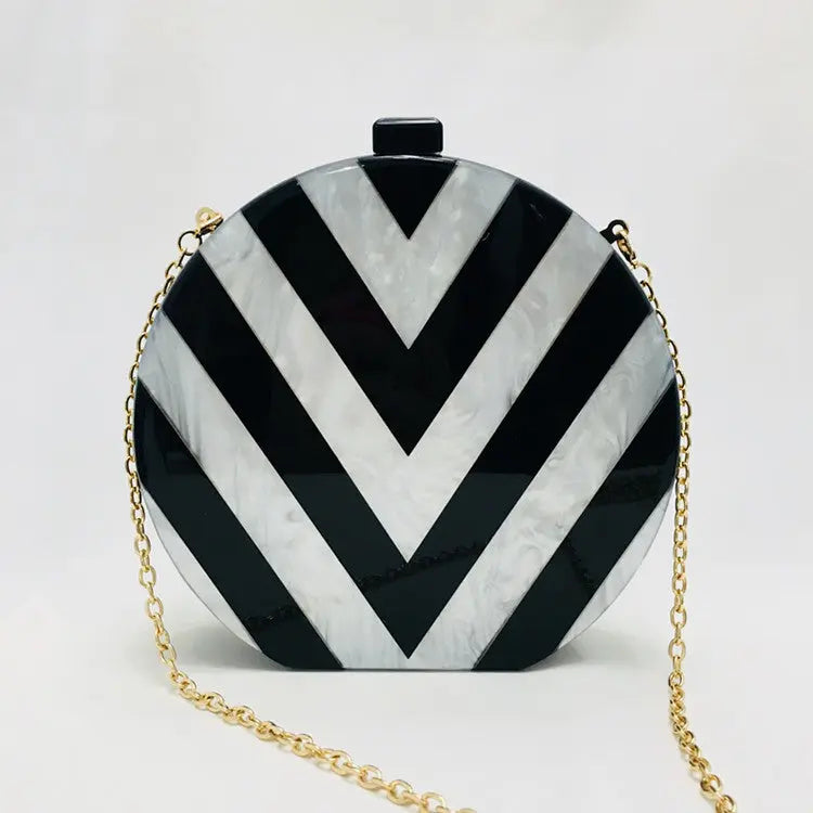 Black And White Geometric Stitching Acrylic Clutch - GlossiChic Collection