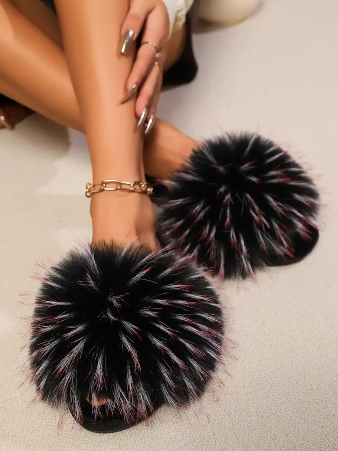 Fuzzy Open Toe Flat Sandals Trendsi