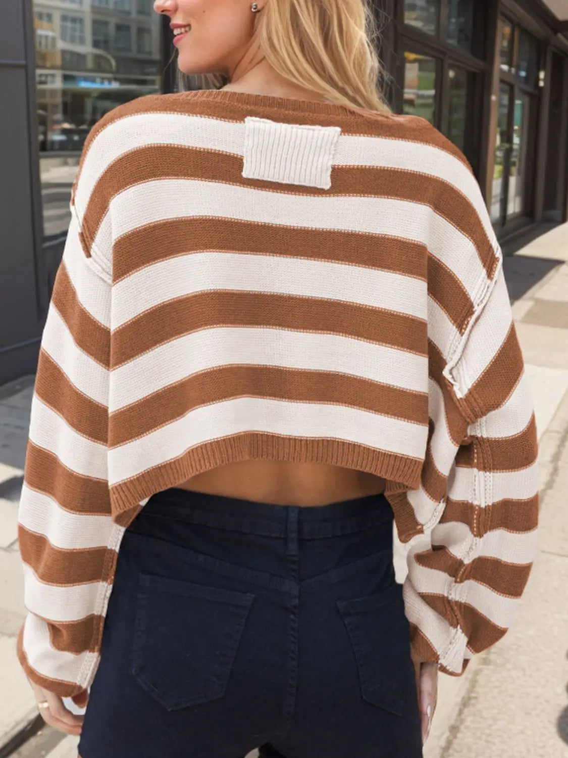 Striped Dropped Shoulder Long Sleeve Sweater Trendsi