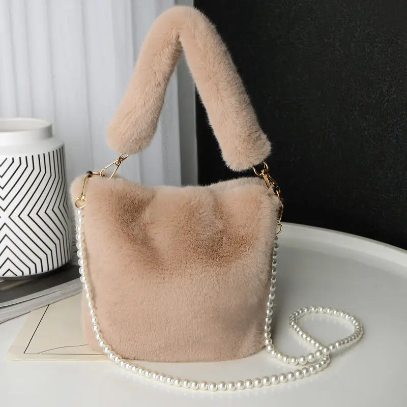 Checkerboard Plush Bucket With Pearl Chain Handbag - GlossiChic Collection