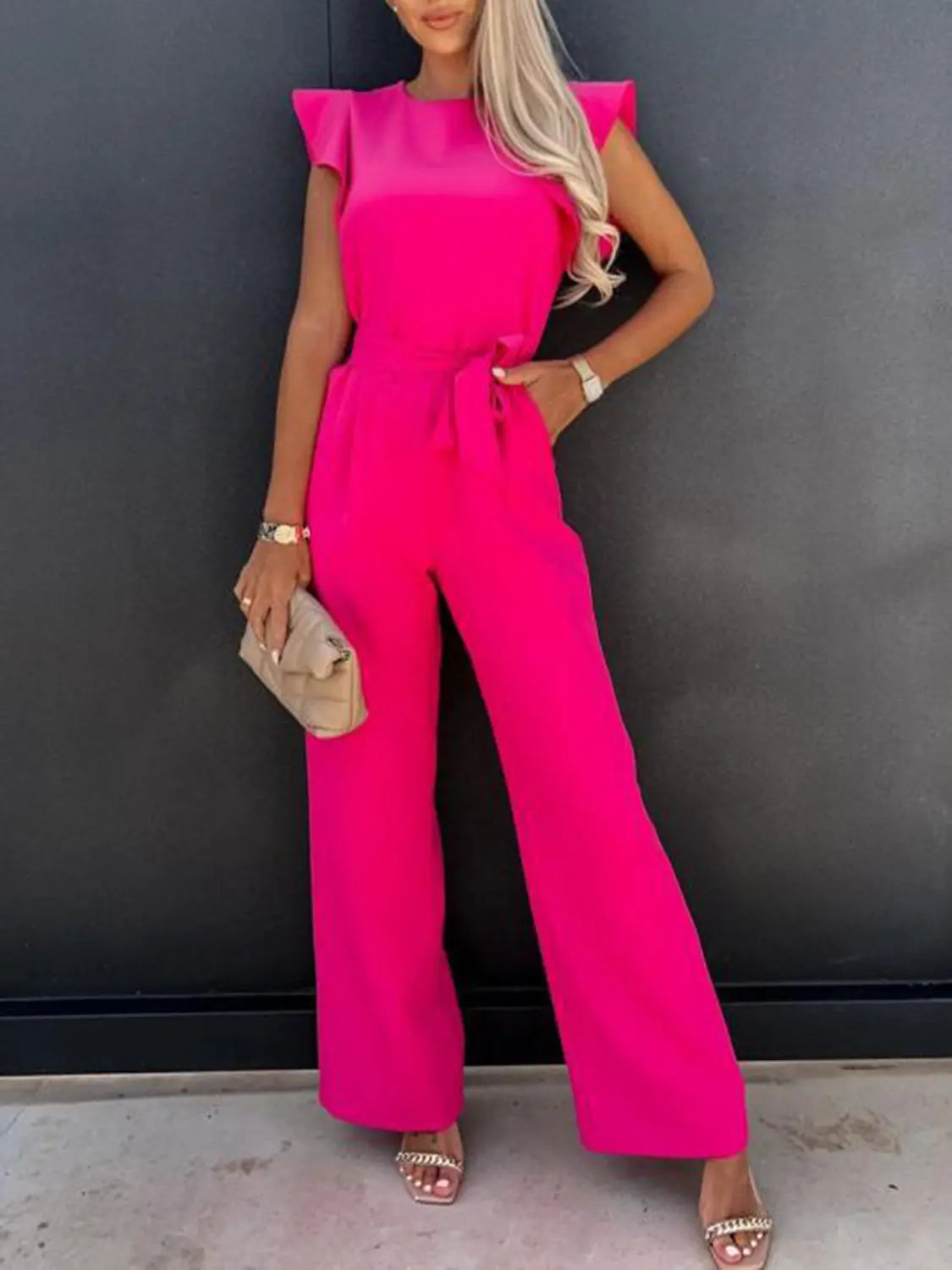 Ruffled Round Neck Cap Sleeve Jumpsuit Trendsi