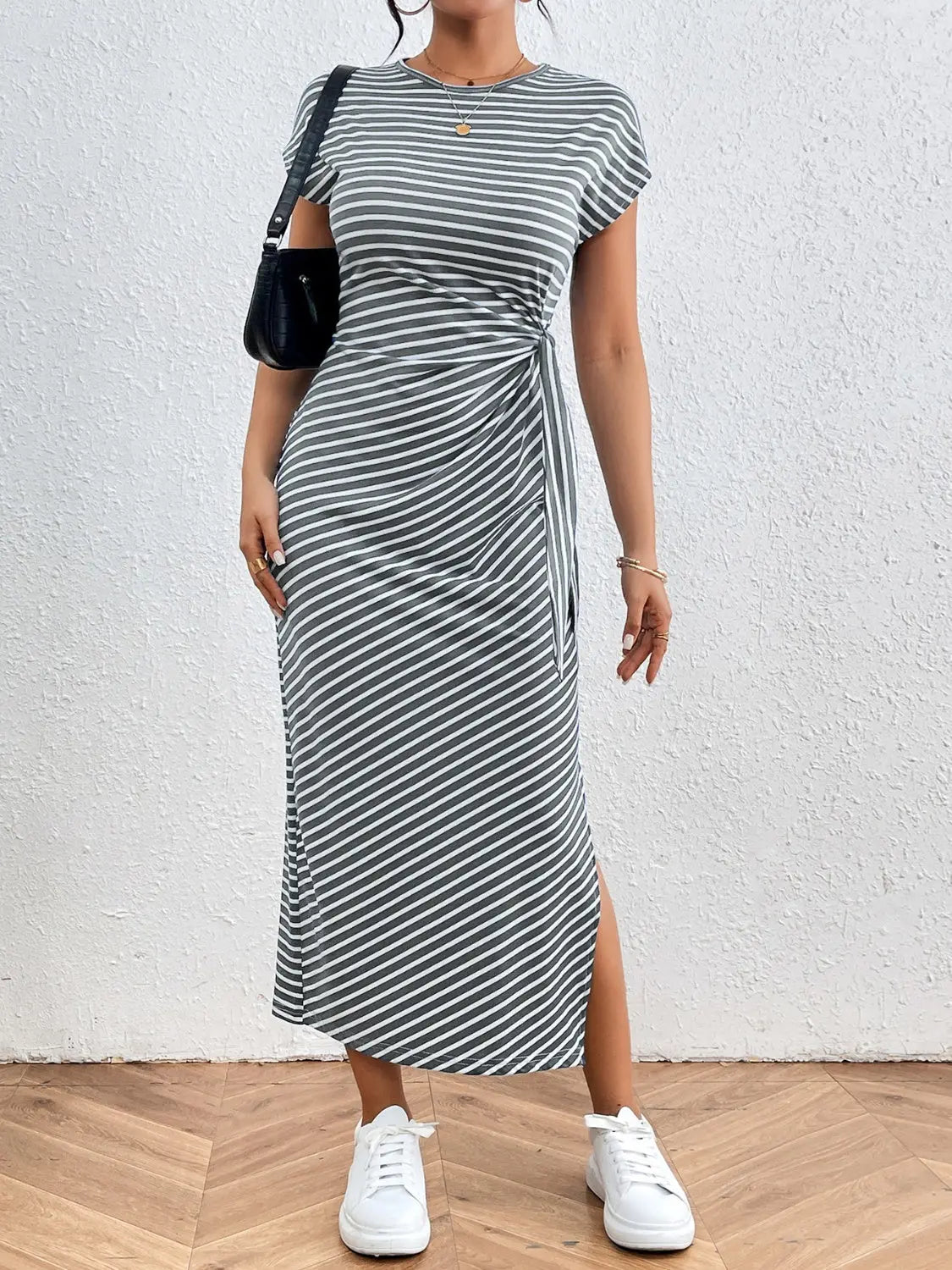 Tied Striped Round Neck Short Sleeve Tee Dress Trendsi