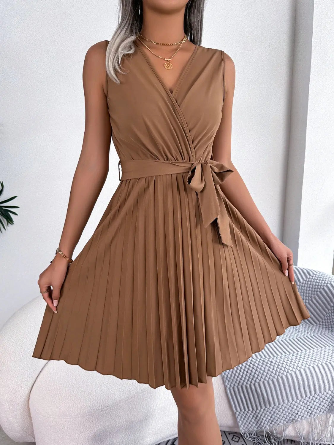 Tied Surplice Sleeveless Pleated Dress - GlossiChic Collection Caramel / S GlossiChic Collection Dresses
