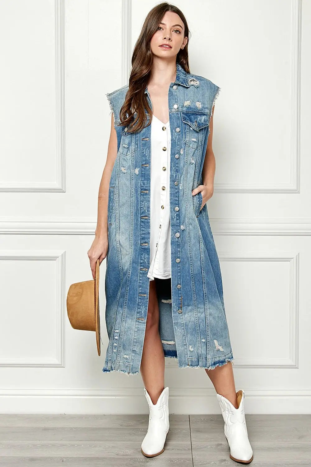 Full Size Distressed Sleeveless Longline Denim Jacket - GlossiChic Collection