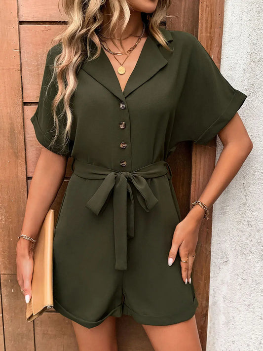 Half Button Tie Waist Short Sleeve Romper Trendsi