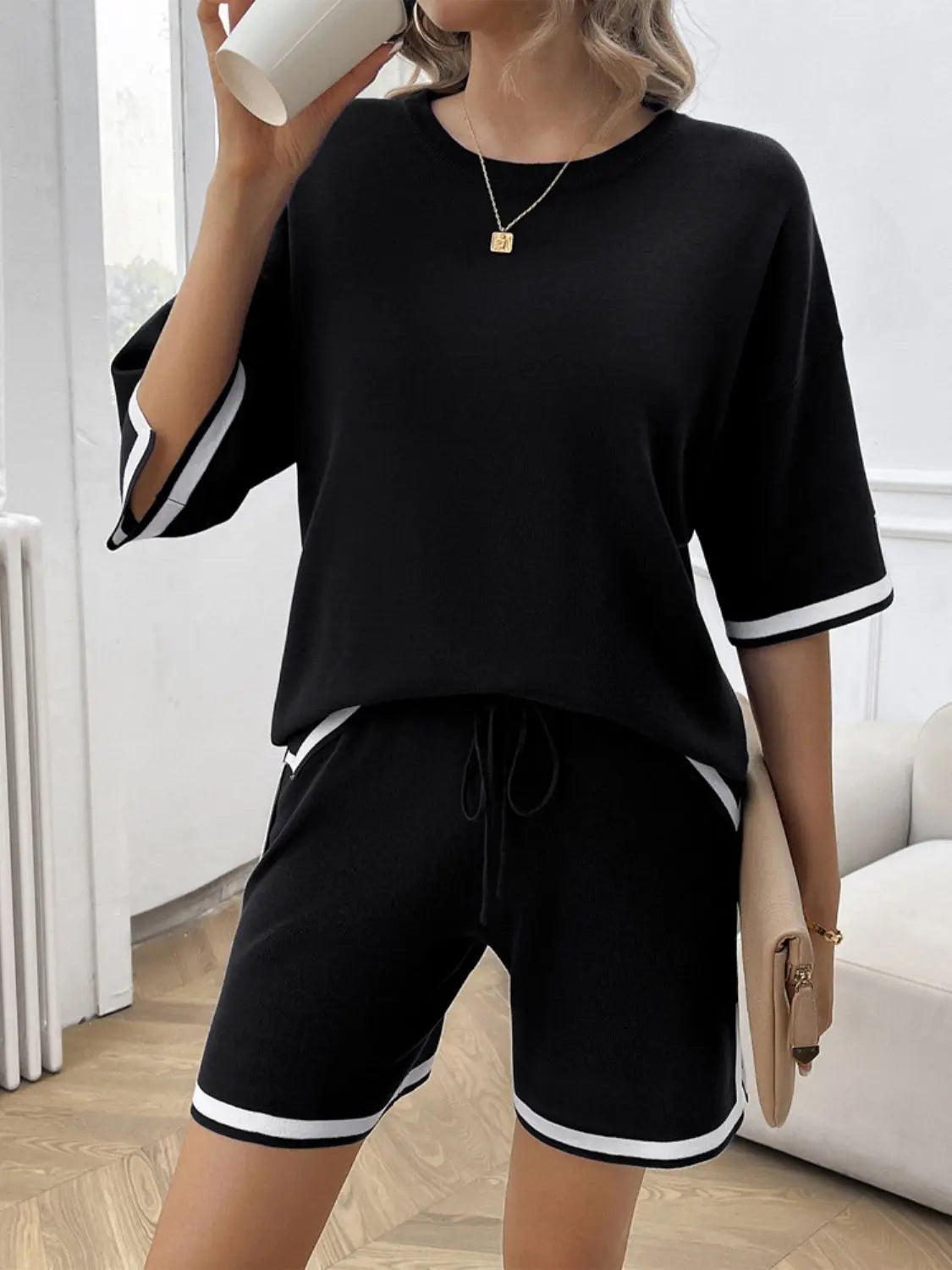 Contrast Trim Round Neck Top and Shorts Set Trendsi